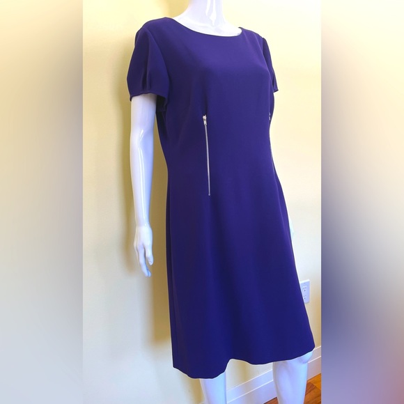 Tahari Purple Dress With Metal Zipper Accents Round Neck Half Sleeves Size 14 - Picture 4 of 15
